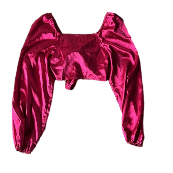 Hot pink satin cropped long sleeve top with adjustable tie - Picture 2 of 2